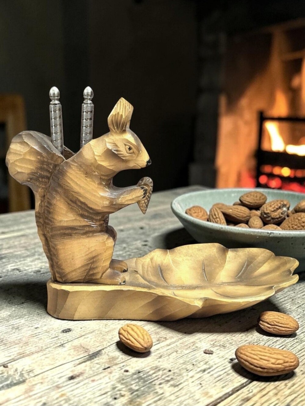 Vintage Handcarved Wood Squirrel Nut Dish Black Forest Folk Art Fall Cabin Decor